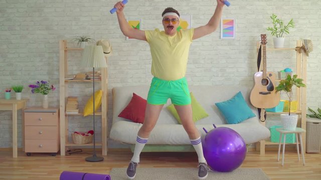 funny athletic man in the style of 80s home fitness workout humor