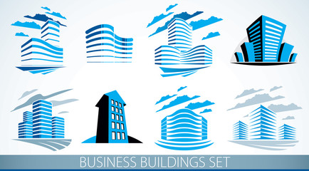 Obraz premium Business buildings set, modern architecture vector illustrations collection. Real estate realty office center designs. 3D futuristic facades in big city. Can be used as a logos or icons.