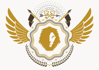 Heraldic emblem made using graphic elements like bird wings and wild lion, vector illustration.