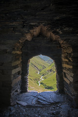 View of valley through fortress window