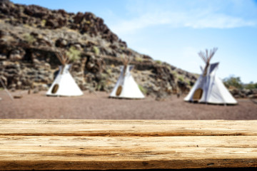 Desk of free space and summer background of tent 