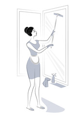 Profile of a sweet lady. A girl is washing windows. A woman is a good wife and a neat housewife. Vector illustration
