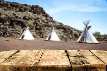Desk of free space and summer background of tent 