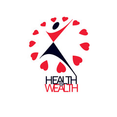 Medical rehabilitation abstract logotype, symbol. Healthy lifestyle is strong heart. Vector illustration of excited person with raised hands up.