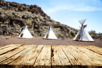 Desk of free space and summer background of tent 