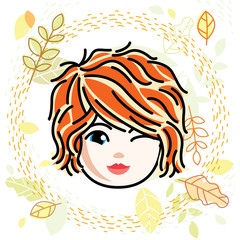 Vector illustration of beautiful red-haired happy girl face, positive face features, teenager winking. Autumn theme clipart.