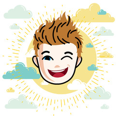 Boy face, vector human head illustration. Redhead kid winking.