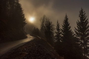 mysterious mountain road in the fog
