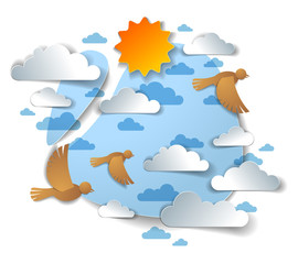 Birds flying in the sky among beautiful clouds and sun, summer cloudscape, vector illustration in paper cut kids style.