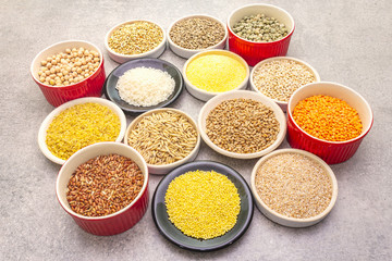 Healthy food vegetarian (vegan) concept. Assorted various organic cereals, legumes, whole grains.