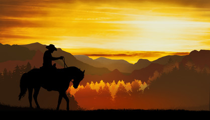 Fototapeta na wymiar cowboy riding in the hills at sunset
