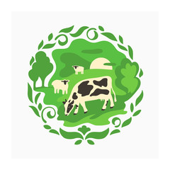 Farm animals in pasture. Logo for livestock or farming. Green vector illustration with farm animals on the meadow for  print design or for label, badge, sticker, banner