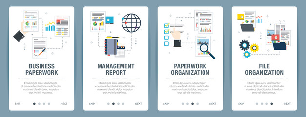 Vector set of vertical web banners with business paperwork, management report, paperwork organization, file organization. Vector banner template for website and mobile app development with icon set.