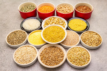 Healthy food vegetarian (vegan) concept. Assorted various organic cereals, legumes, whole grains.