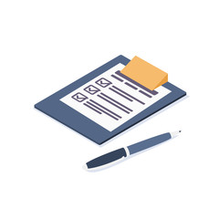Isometric vector illustration.  Tablet with the document, the completed form. Isometric icon.