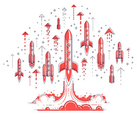 Startup rockets take off, space rockets flying start up business concept, vector illustration.