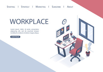 Isometric vector illustration. The concept of the workplace in the office. Flat style.