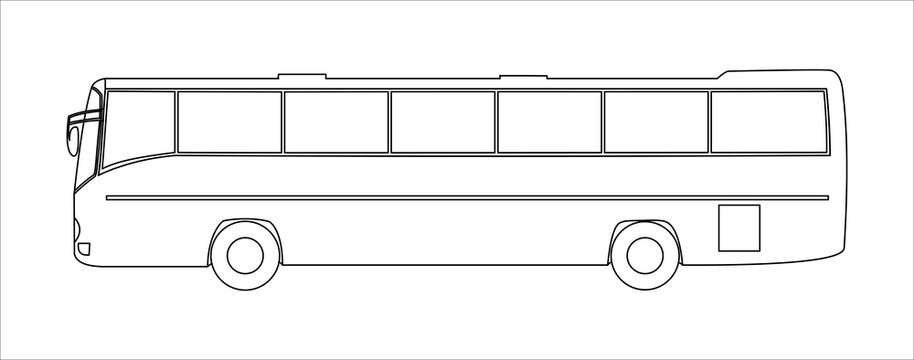 Outline Vector Tourist Bus, Side View, Template Isolated On White Background.