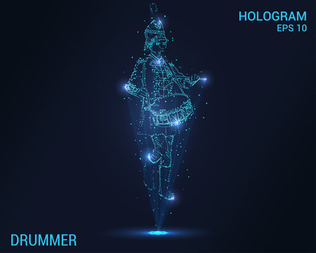 Hologram drummer. Holographic projection drummer of the school band. Flickering energy flux of particles. Scientific design drummer.