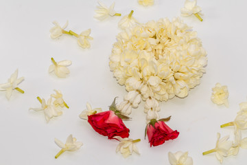 Close up selective focus Jasmine garland of flowers isolate on white background.The Jasmine garland flower in Thai Tradition Style.