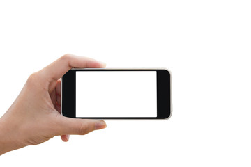 Hand holding smartphone isolated on white background