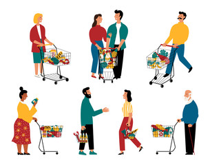 Supermarket customers, cartoon characters. Men and women with shopping carts at grocery store. Vector flat illustration.