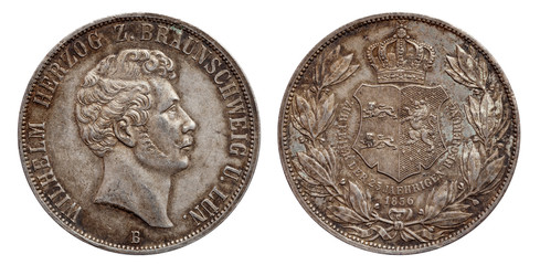 Germany german silver coin 2 two thaler double thaler Brunswick and Lueneburg minted 1856 isolated on white background