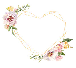 Heart shaped golden frame decorated with handpainted watercolor flowers - 265182504