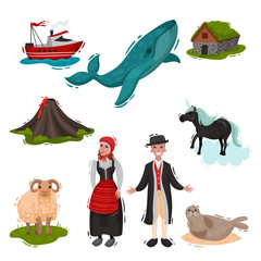 Set of illustrated attractions Scandinavian countries. Vector on white background.