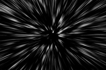 Obraz premium Bokeh white lines on black background, abstraction, abstract speed light motion blur texture, star particle or space traveling, black and white extrusion effect