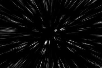 Fototapeta premium Bokeh white lines on black background, abstraction, abstract speed light motion blur texture, star particle or space traveling, black and white extrusion effect
