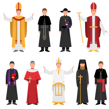 Set of priest of catholic or christian religion in different clothes