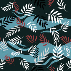 Leaves Seamless Pattern. Vector seamless pattern with graphic leaves for textile print,fabric, wallpaper, page fill, wrapping paper, web design. floral backdrop. Hand drawn. Colorful background. black