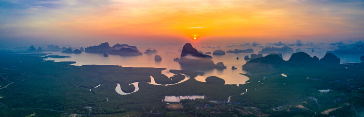 Naklejka premium View sunrise at Samed Nang Chee mountain view point of Phang Nga Bay highlight of Phang Nga Province Thailand