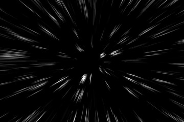 Fototapeta premium Bokeh white lines on black background, abstraction, abstract speed light motion blur texture, star particle or space traveling, black and white extrusion effect