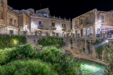 Fototapeta na wymiar Syracuse Sicily. Source Aretusa in the night.