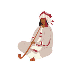 Red Indian girl smokes a long pipe. Vector illustration.
