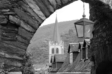 View of a bell tower in a gothic city (Bacharach, Germany, Europe)