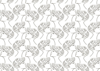 Seamless monochrome pattern. Black women's profiles on a White background. Vector illustration