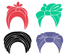 Fototapeta premium Collection. Traditional national headdress, turban. Knitted scarf. Logo, symbol, diagram. Graphic image. Vector illustration set