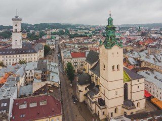 top view of old european architecture in overcast weather