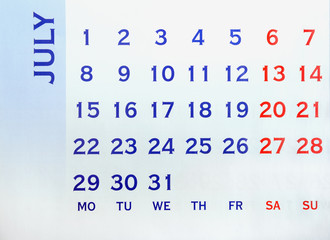 Obraz premium Wall Calendar July top view.