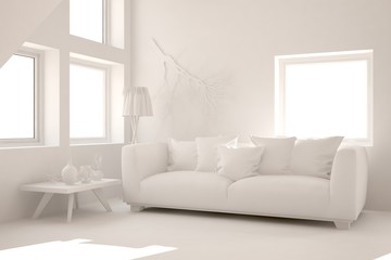 Mock up of stylish room in white color with sofa. Scandinavian interior design. 3D illustration