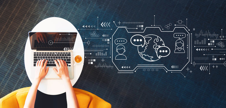Learning Language concept with person using a laptop on a white table