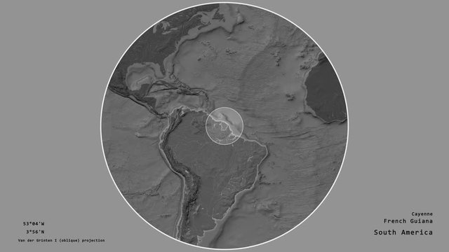 French Guiana and its capital circled and zoomed on the global bilevel map in the van der Grinten I projection with animated oblique transformation. Animation 3D