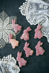 Pink Marbled Bunny Sugar Cookies on Dark Background