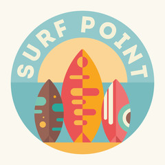 Surfing Poster. Surfboards on the Beach. Vector Illustration. Retro Design. Emblem for Surfing Club, Website or Online Shop of Surf Equipment.