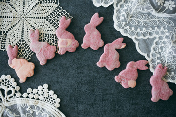 Pink Marbled Bunny Sugar Cookies on Dark Background