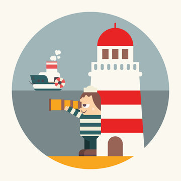 recommend clip art: Funny Cartoon Sailor or Lighthouse Keeper on the Beach looking at Sea through Telescope or Spyglass. Seaman near Lighthouse. Vector Illustration in Retro Design.