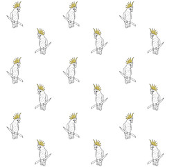 Vector seamless pattern of black line hand drawn cockatoo parrot sitting on tree branch isolated on white background  © Sweta
